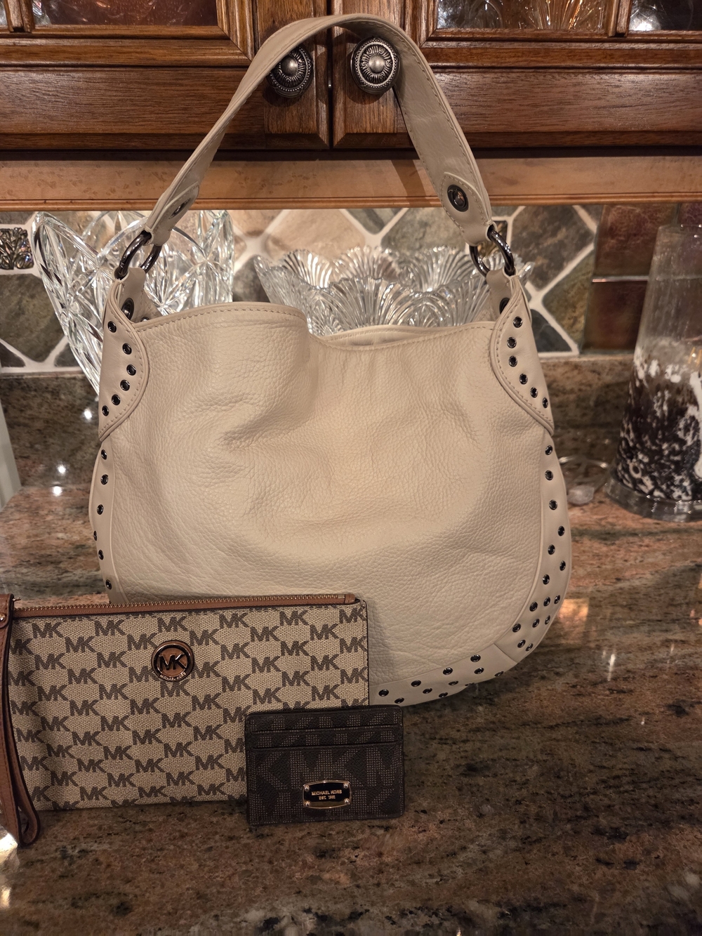 Michael Kors Beige-Cream Stud-Trim Leather Hobo Bag With Wristlet And Cardholder